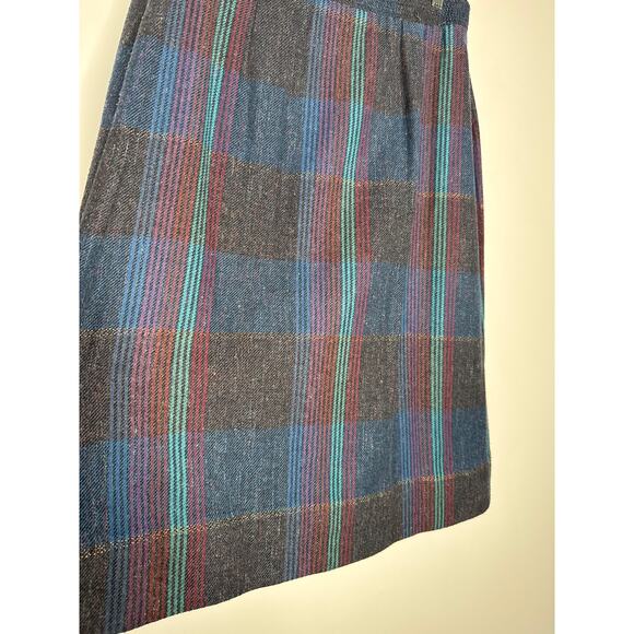 1980s Tan Jay Plaid Wool Midi Skirt Made in USA Preppy Large - Picture 9 of 11